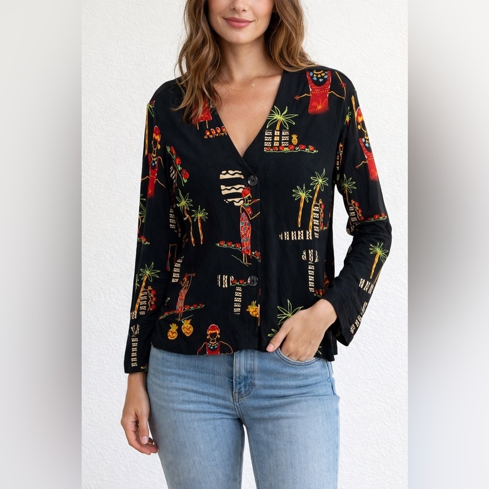 Chico’s travelers slinky knit button cardigan artsy tropical print sz.2 resort - Picture 1 of 7